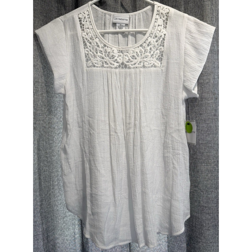 Liz Claiborne Woman's Top Size Small White Crochet Lace Short Sleeve Summer NWT